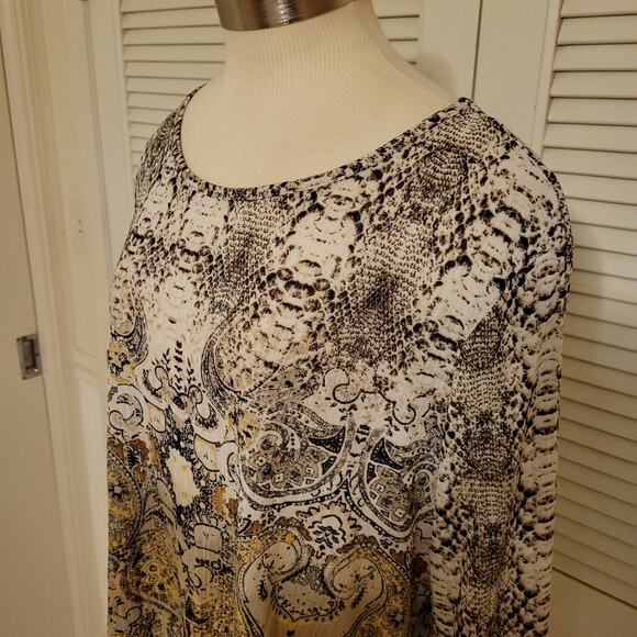 Oriental Print Tunic Blouse Boho Dana Buchman XL Flowy Stretchy Top - Picture 2 of 7